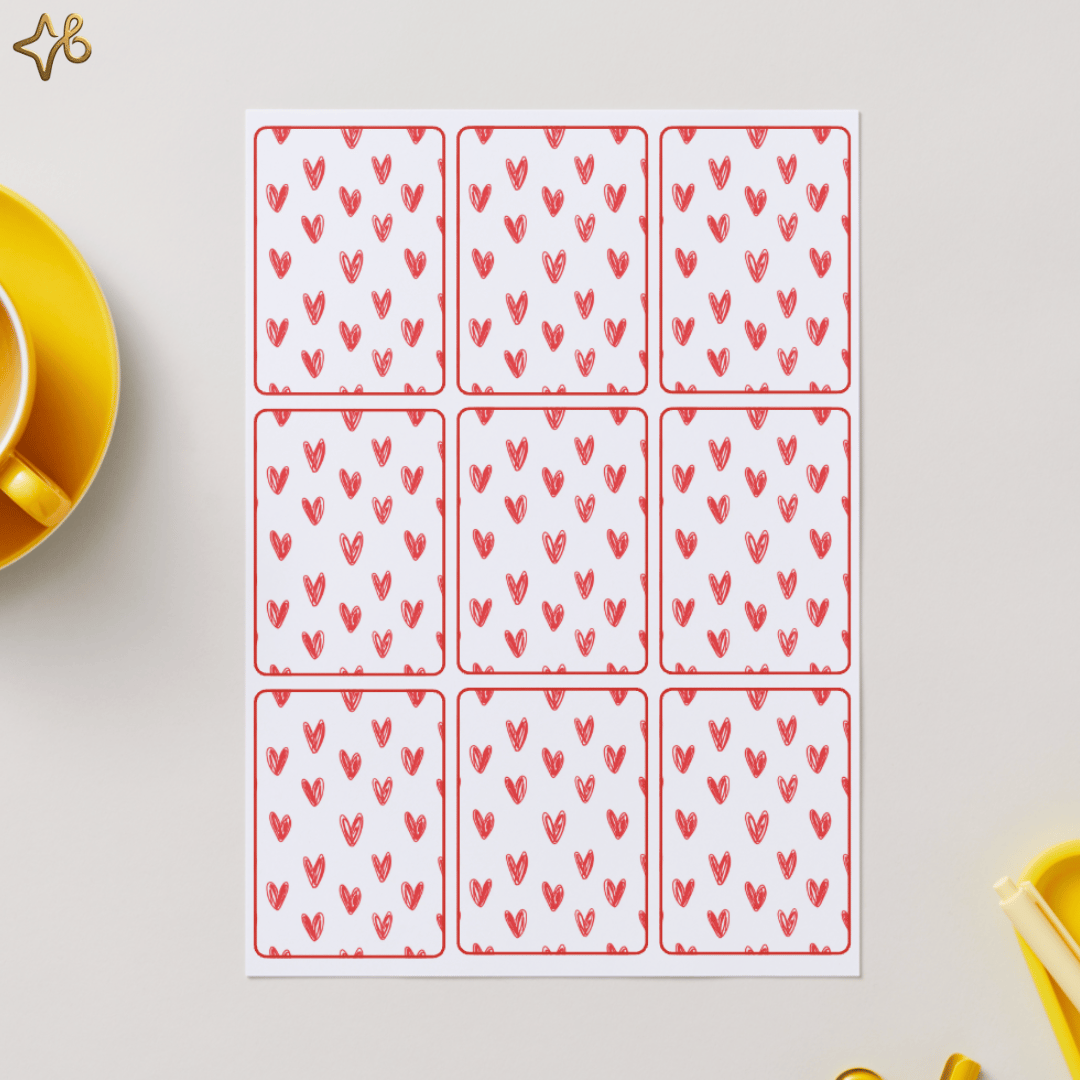 Design du verso des cartes avec motif de cœurs rouges dessinés à la main.