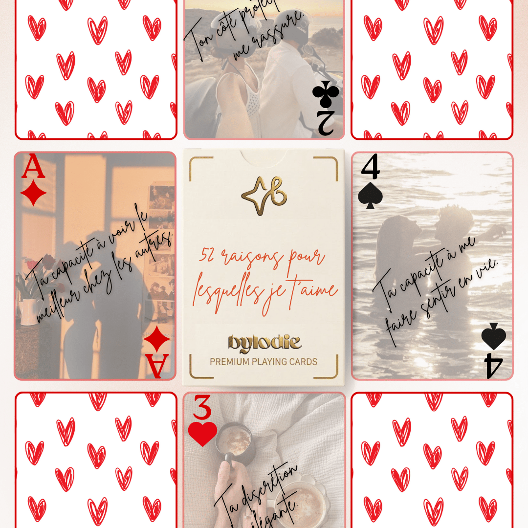 Jeu de cartes personnalisé Bylodie 52 raisons pour lesquelles je taime avec photos de couple.