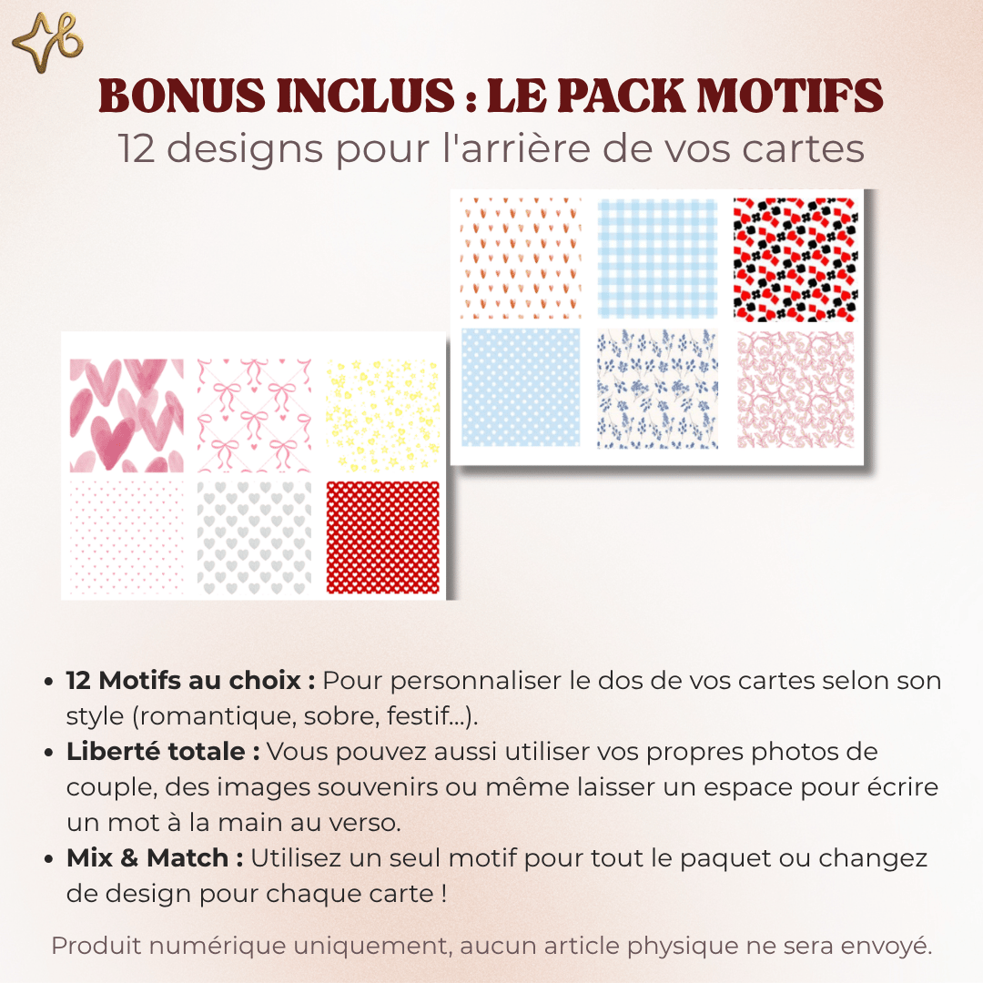 Pack de 12 motifs de design pour larrière des cartes de jeu personnalisables (cœurs, fleurs, géométrique).