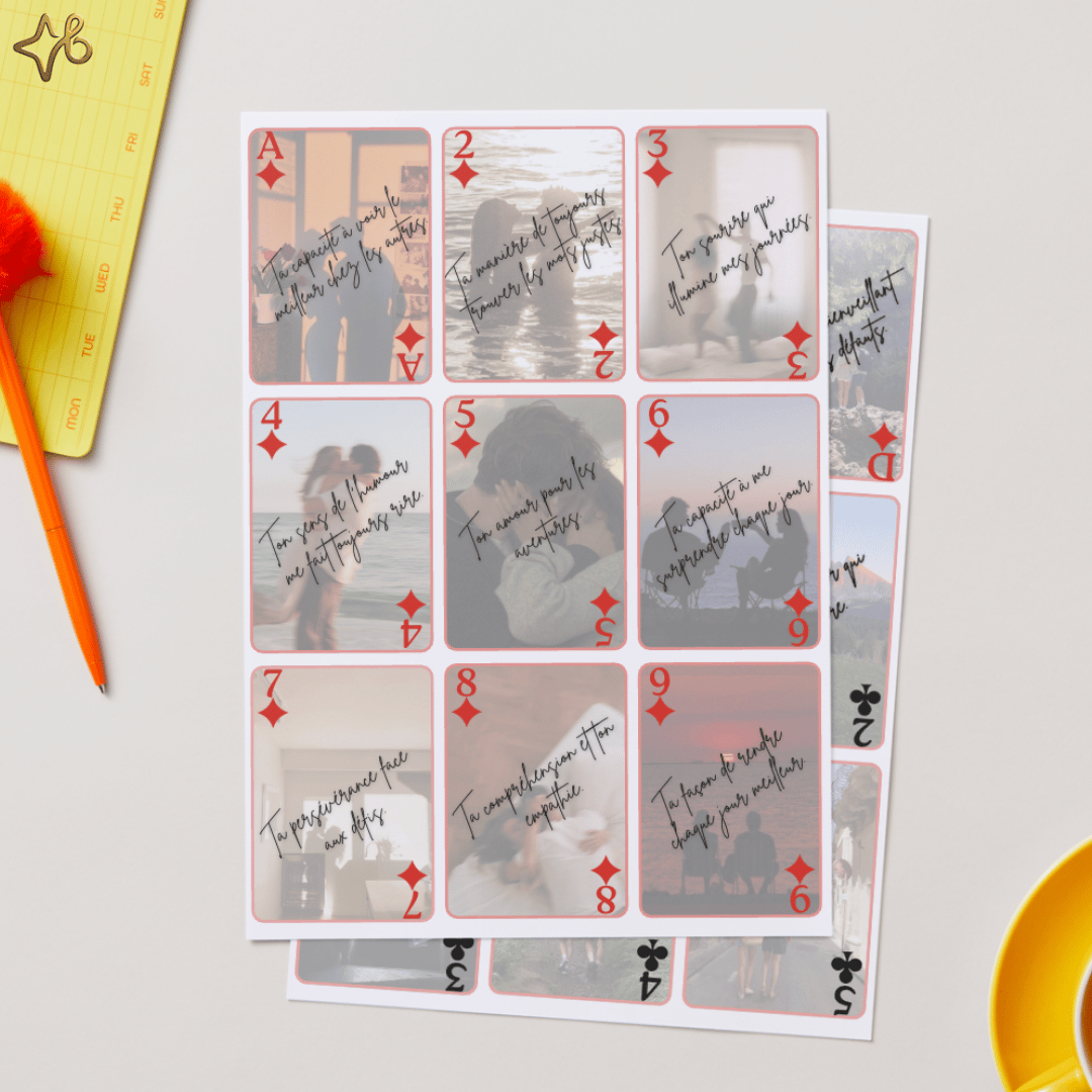 Planche de cartes "52 raisons pour lesquelles je taime" imprimée sur format A4 avec accessoires de papeterie.