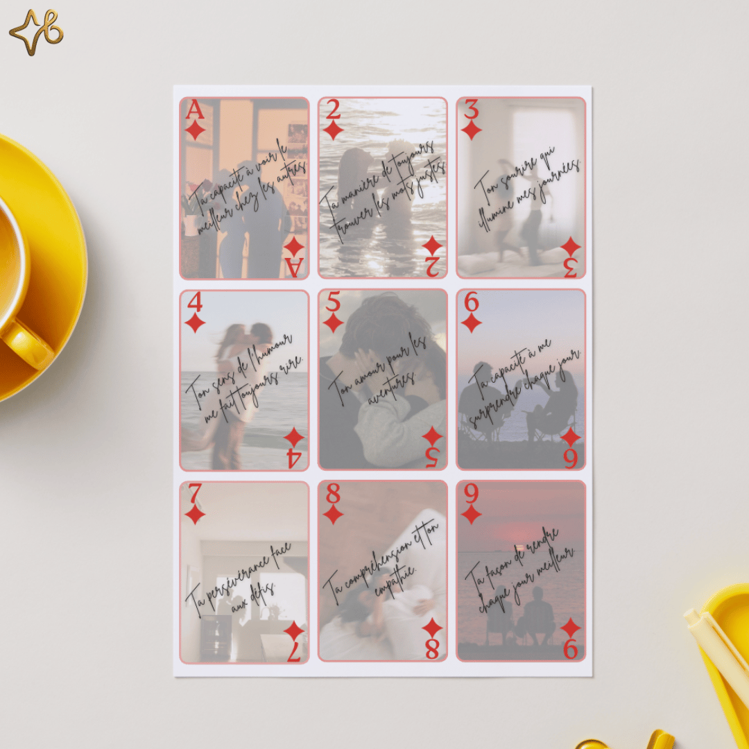 Exemple de cartes personnalisées avec textes romantiques et photos souvenirs de couple.