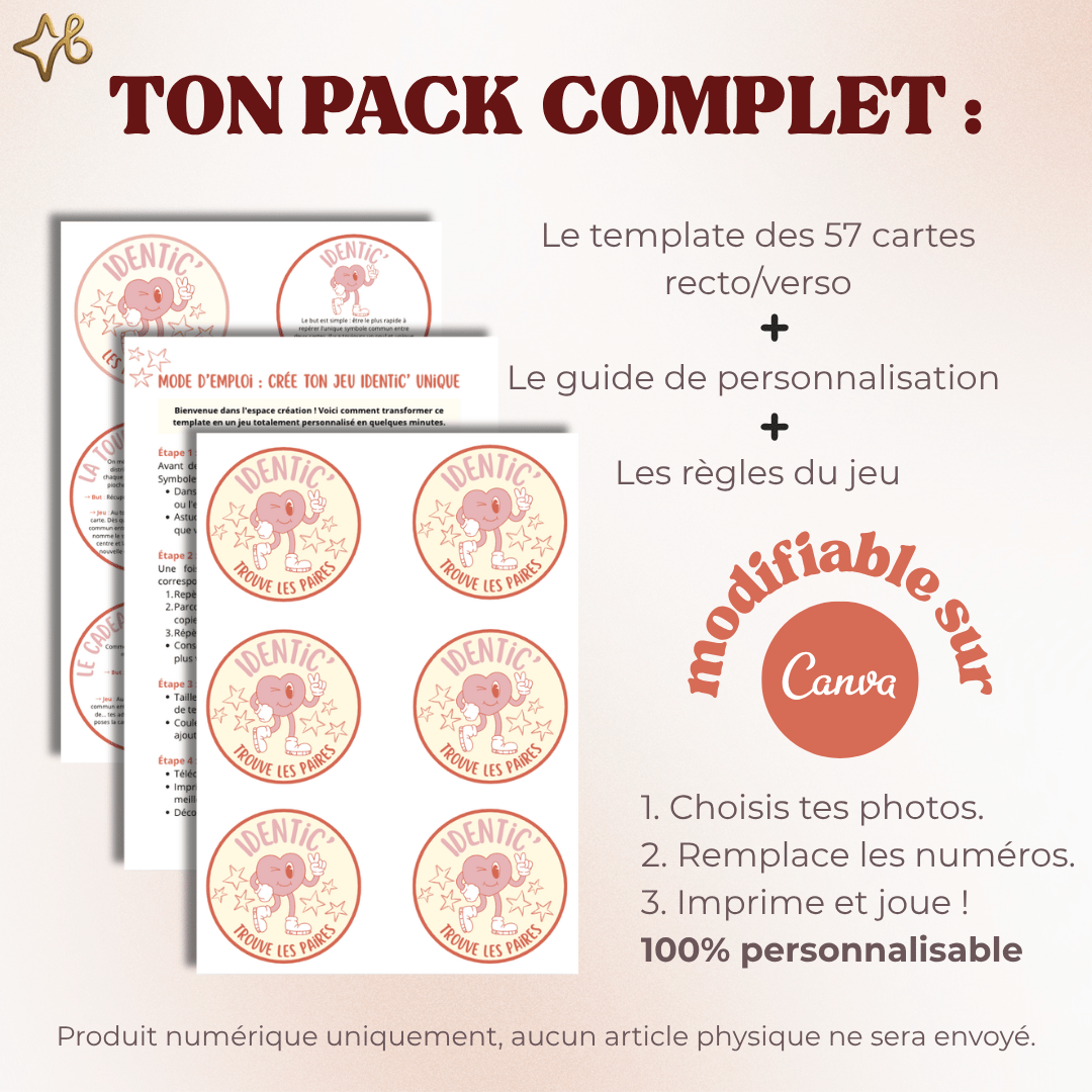 Pack complet de jeu à imprimer comprenant 57 cartes recto-verso, un guide de personnalisation Canva et les règles du jeu. Produit numérique 100% personnalisable.