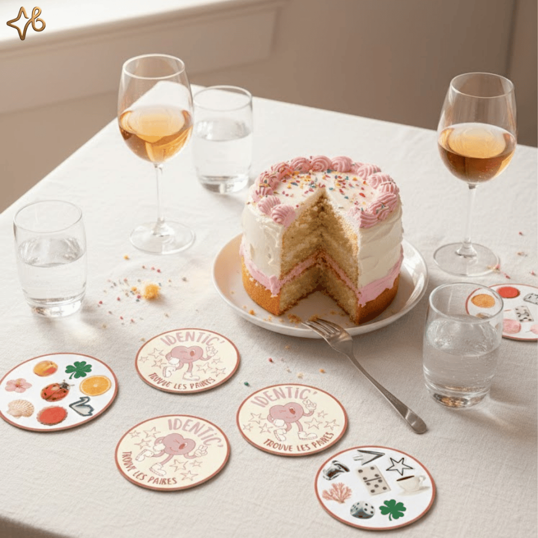 Jeu de cartes personnalisé Identic disposé sur une table de fête à côté d'un gâteau d'anniversaire et de verres de vin, idéal pour une animation de soirée.