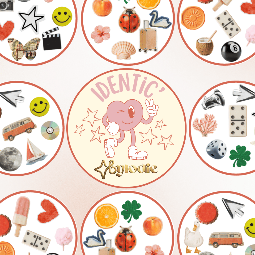 Aperçu des symboles variés d'un jeu de société personnalisé Identic par Bylodie incluant des illustrations vintage de coccinelle, trèfle, bus et smiley.