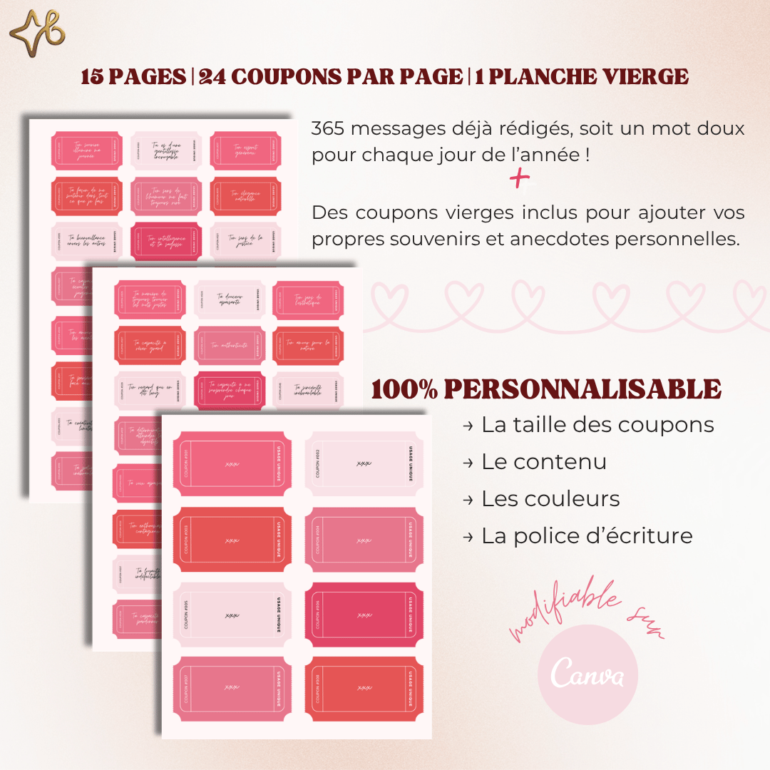 Présentation du pack numérique de 365 coupons d'amour personnalisables sur Canva avec 15 pages de messages rédigés et une planche vierge.