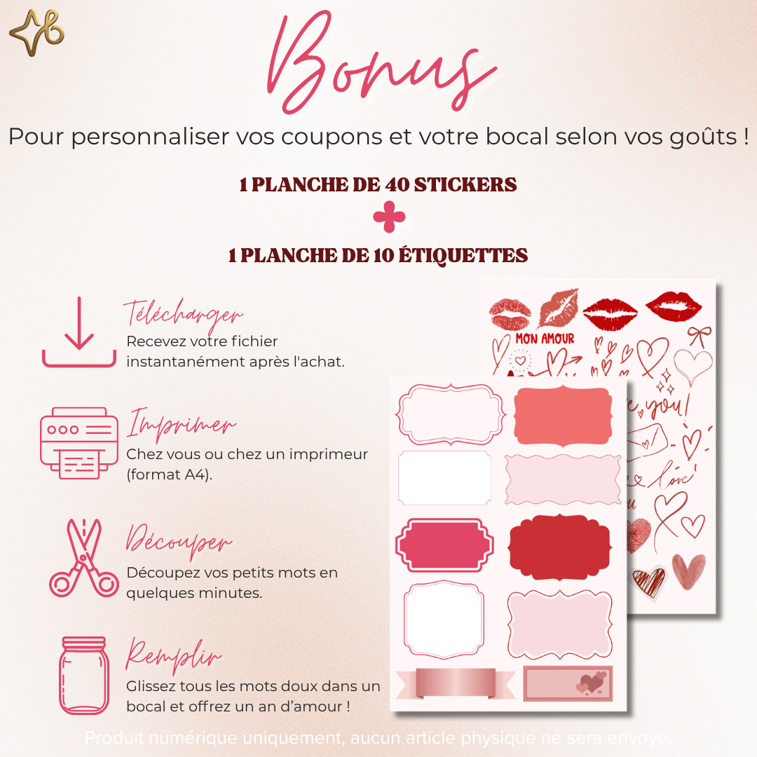 Guide d'utilisation du bocal à mots doux : étapes pour télécharger, imprimer, découper et remplir. Inclut des stickers et étiquettes bonus pour la décoration.