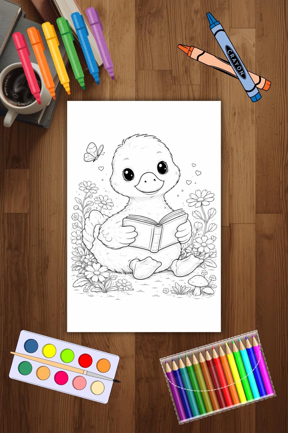 reading goose coloring page printable 	cute duck reading book coloring sheet 	baby goose coloring page with flowers 	cozy animal coloring page printable 	spring duck coloring page PDF 	cute bird coloring page for kids 	relaxing animal coloring page 	goose
