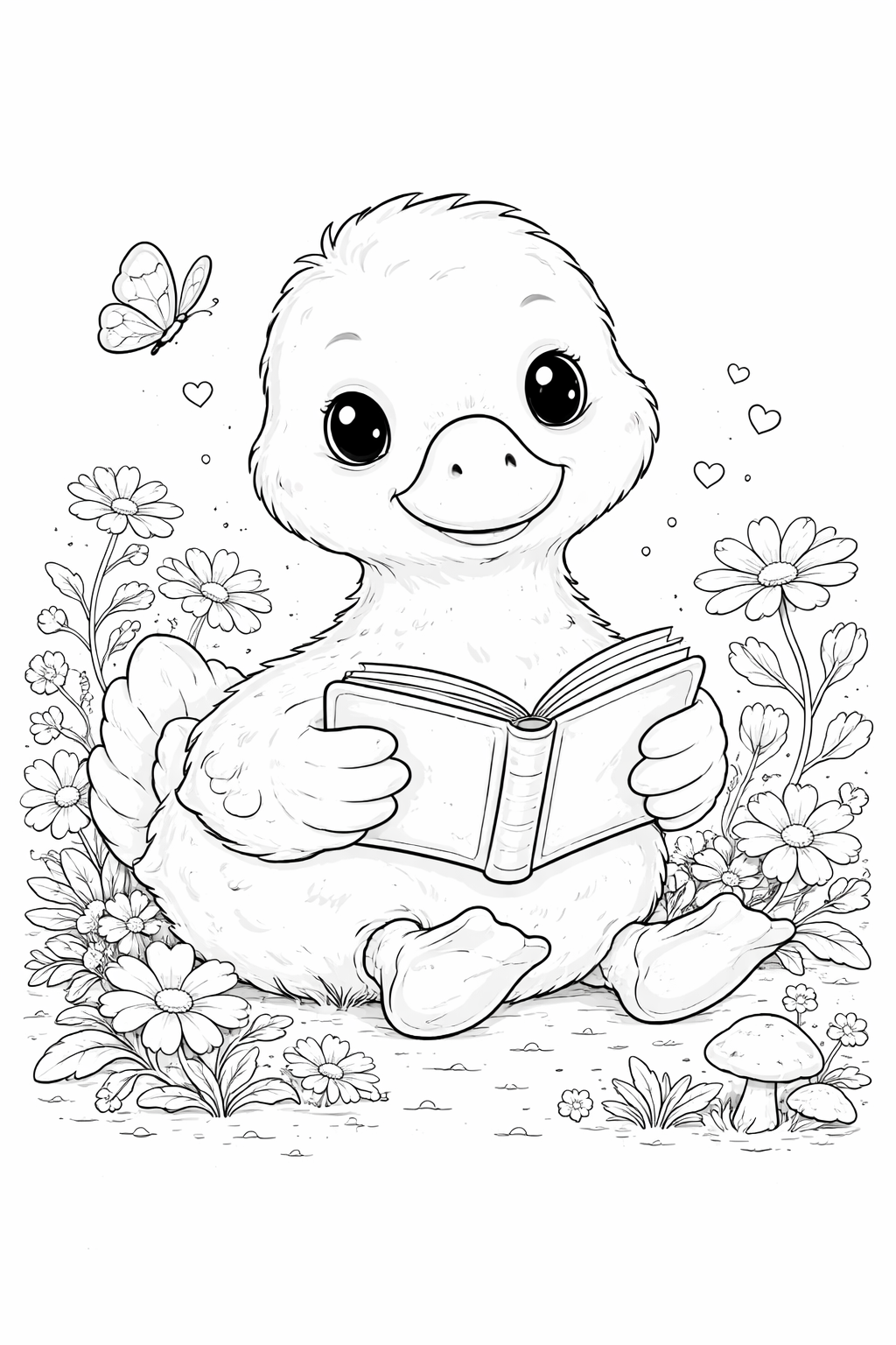 reading goose coloring page printable 	cute duck reading book coloring sheet 	baby goose coloring page with flowers 	cozy animal coloring page printable 	spring duck coloring page PDF 	cute bird coloring page for kids 	relaxing animal coloring page 	goose