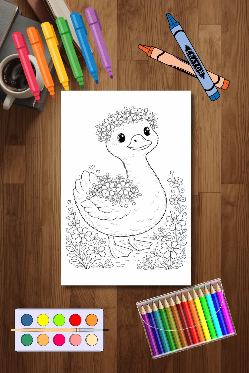 flower crown goose coloring page 	floral goose printable coloring sheet 	cottagecore animal coloring page 	cute goose coloring page printable 	whimsical floral coloring page 	spring flower coloring page printable 	aesthetic animal coloring page 	kids prin