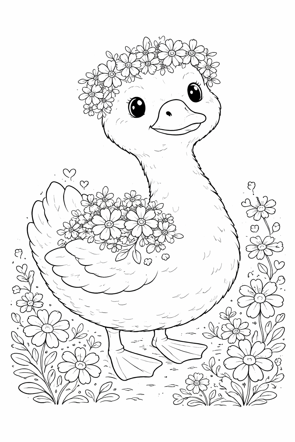 flower crown goose coloring page 	floral goose printable coloring sheet 	cottagecore animal coloring page 	cute goose coloring page printable 	whimsical floral coloring page 	spring flower coloring page printable 	aesthetic animal coloring page 	kids prin