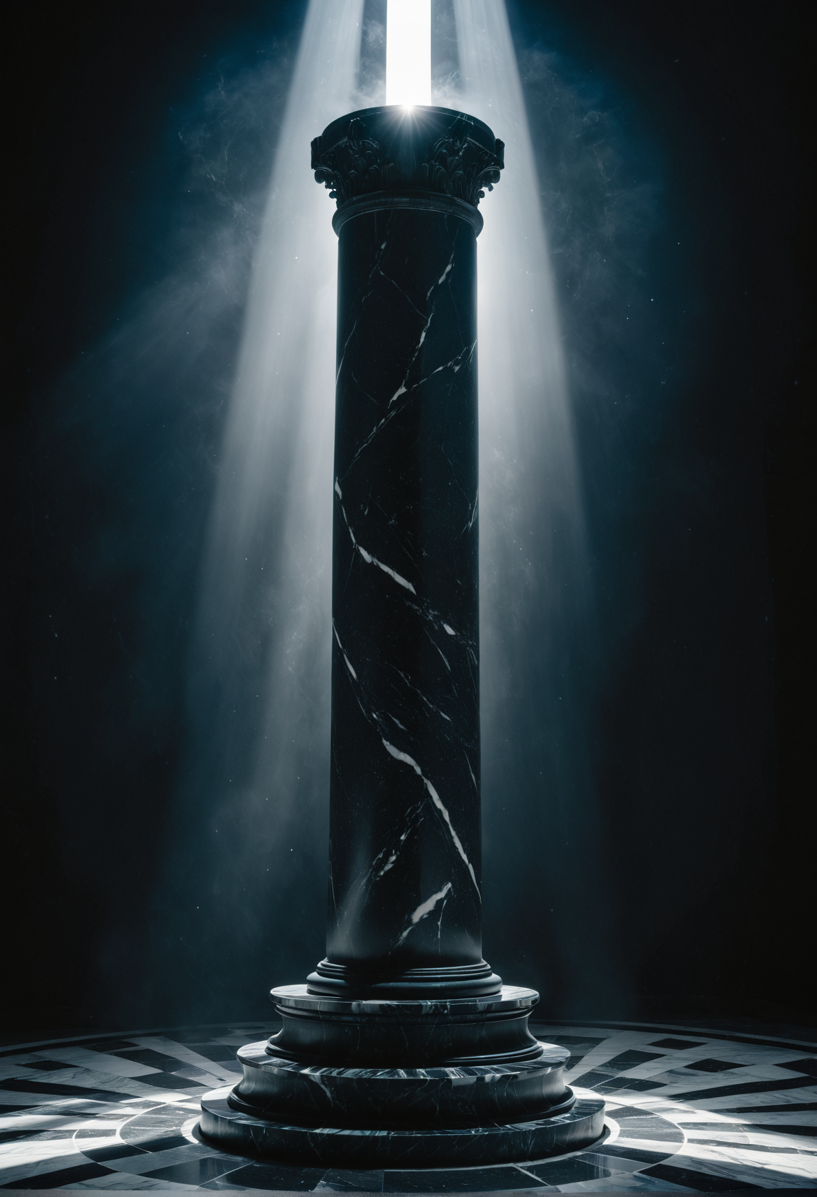 A fractured monolithic structure rising into light, surrounded by darkness and silence in a surreal, cinematic space.