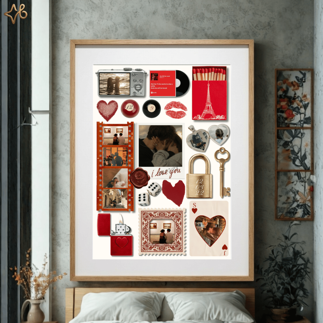 Cadre souvenirs de couple Bylodie posé au-dessus d'un lit dans une chambre à coucher lumineuse, une idée cadeau parfaite pour la Saint-Valentin ou un anniversaire de rencontre.