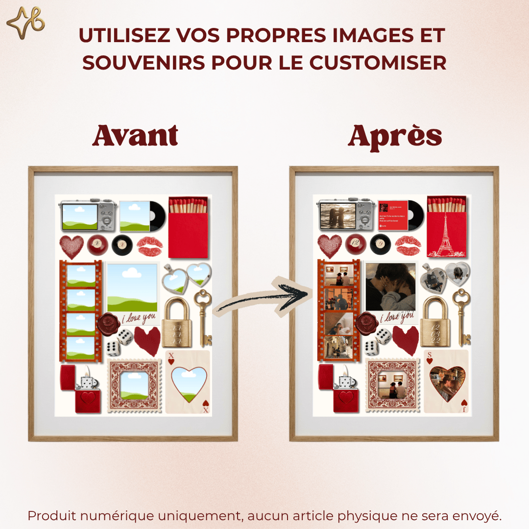 Comparaison avant/après montrant le modèle vierge avec cadres vides et le résultat final personnalisé avec les photos et souvenirs du couple, illustrant la facilité d'utilisation.