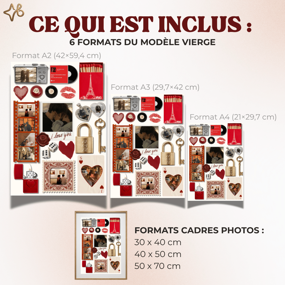 Présentation des 6 formats numériques inclus dans le pack : A2, A3, A4, et formats cadres photo 30x40, 40x50, 50x70 cm, pour s'adapter à toutes les envies.