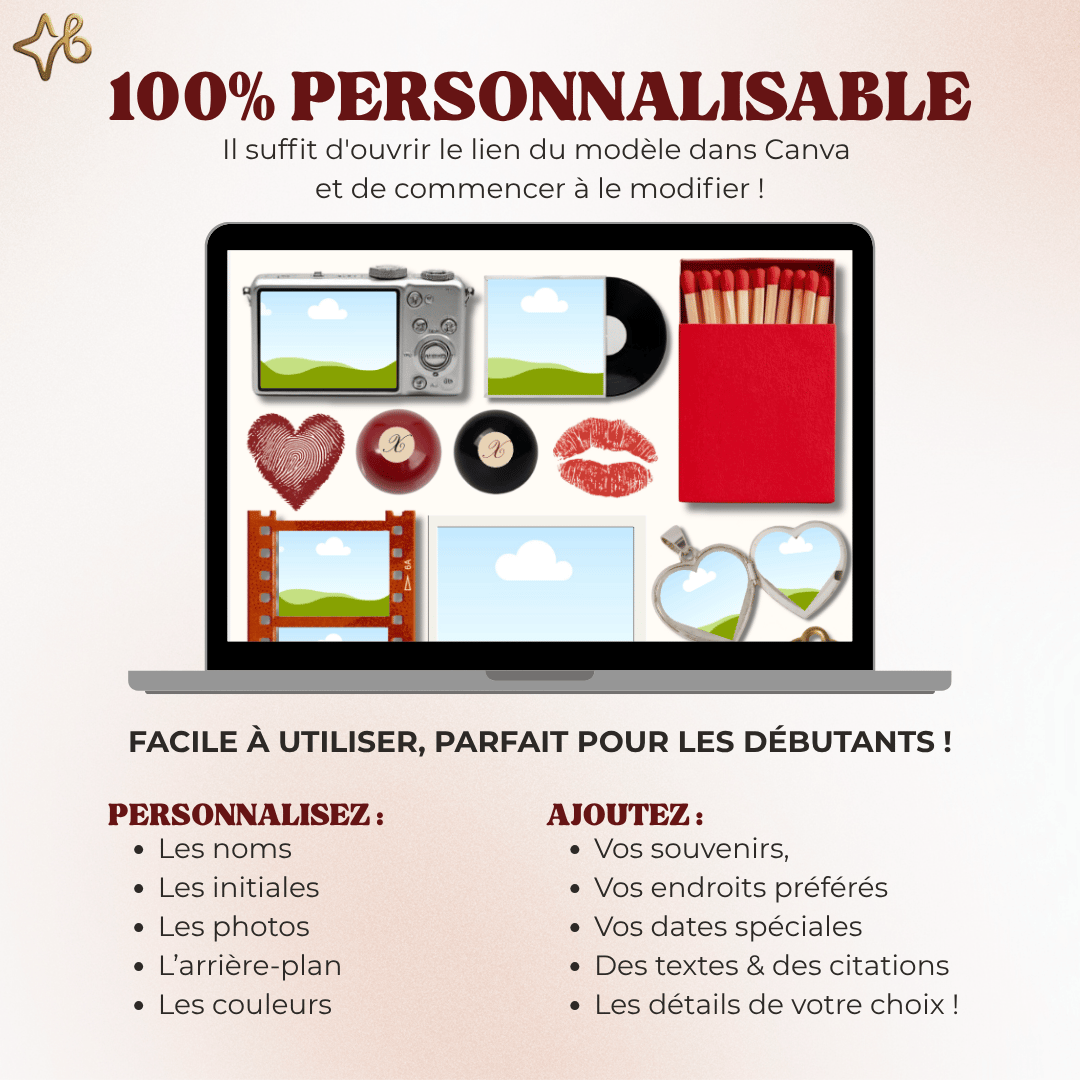 Ordinateur portable affichant le template Canva du poster couple Bylodie avec des instructions claires sur la personnalisation facile des photos, noms, dates et couleurs pour débutants.