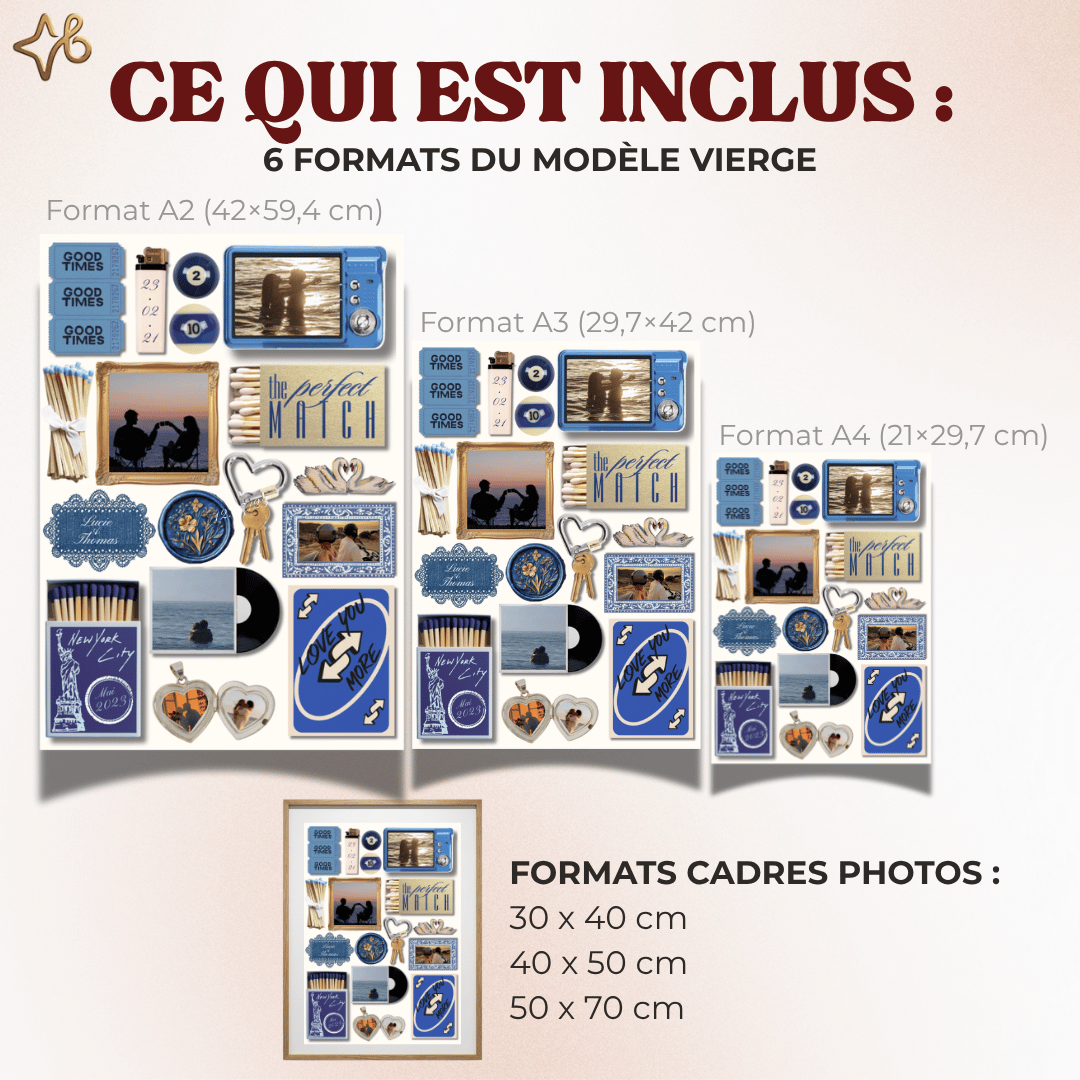 Présentation des 6 formats numériques inclus dans le pack : A2, A3, A4, et formats cadres photo 30x40, 40x50, 50x70 cm, pour s'adapter à toutes les envies.