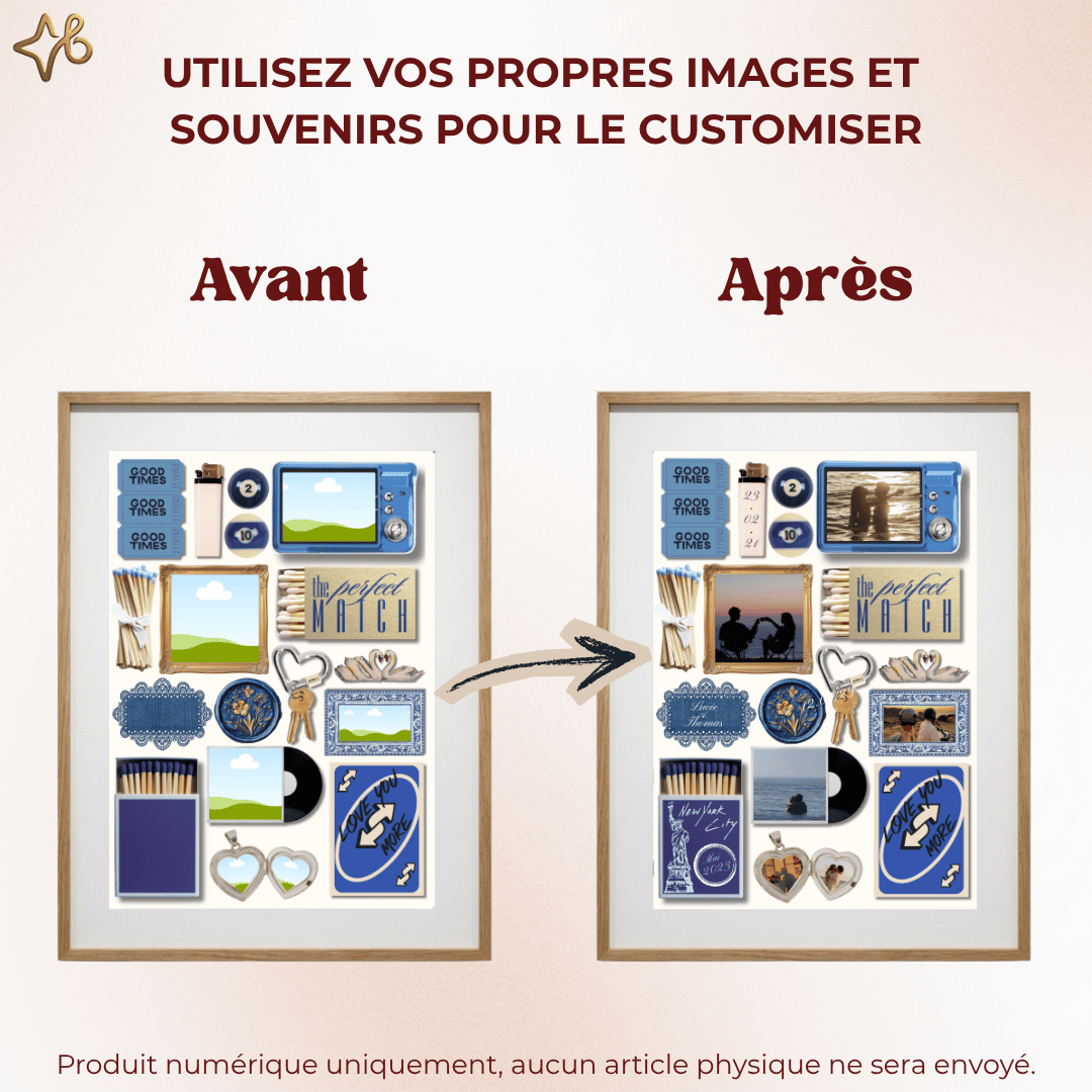 Comparaison avant/après montrant le modèle vierge avec cadres vides et le résultat final personnalisé avec les photos et souvenirs du couple, illustrant la facilité d'utilisation.
