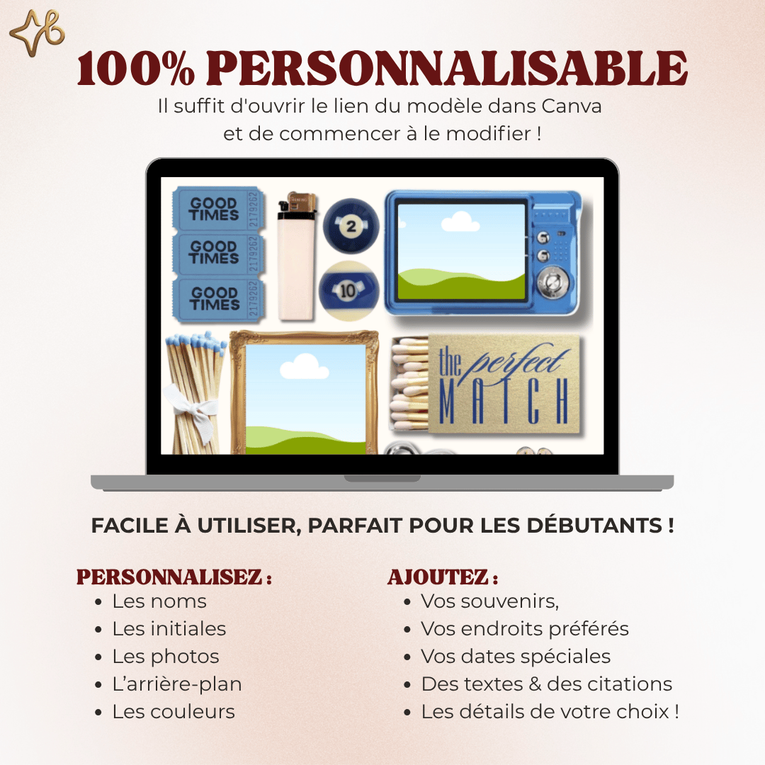 Ordinateur portable affichant le template Canva du poster couple bleu Bylodie avec des instructions claires sur la personnalisation facile des photos, noms, dates et couleurs pour débutants.