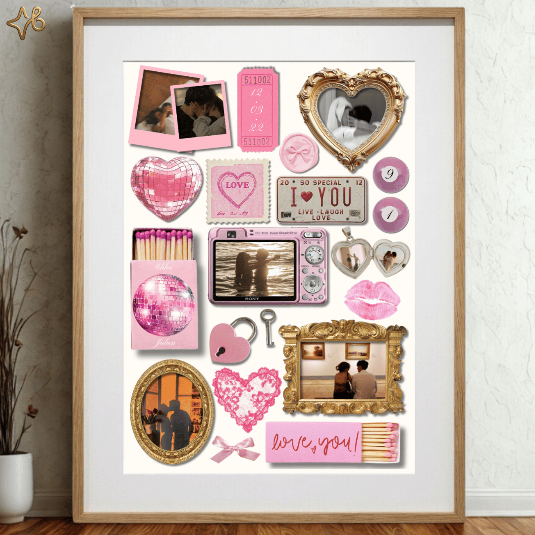 Poster personnalisé pour couple Bylodie dans un cadre en bois, présentant un collage de souvenirs amoureux sur le thème rose, incluant des photos polaroid, un appareil photo rose et une boîte d'allumettes disco.