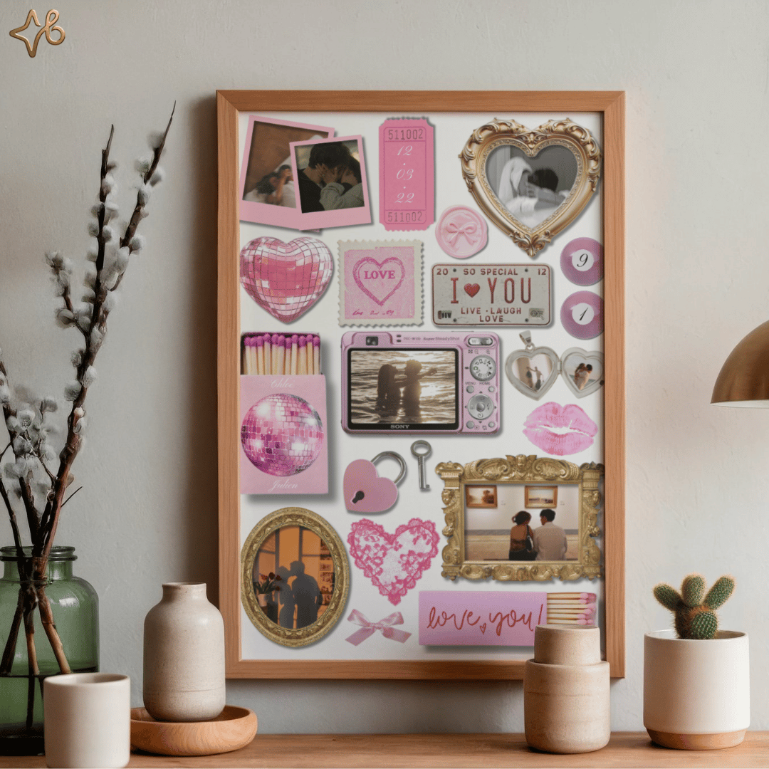 Cadre photo personnalisé amoureux Bylodie posé sur un meuble en bois entre plusieurs vases décoratifs, créant une ambiance chaleureuse et romantique.