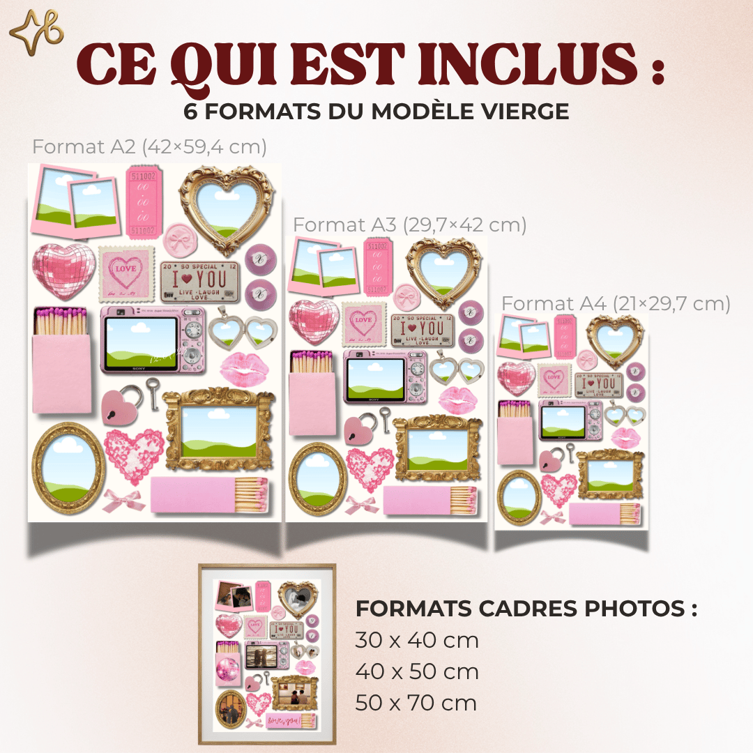 Présentation des 6 formats numériques inclus dans le pack : A2, A3, A4, et formats cadres photo 30x40, 40x50, 50x70 cm, pour s'adapter à toutes les envies.