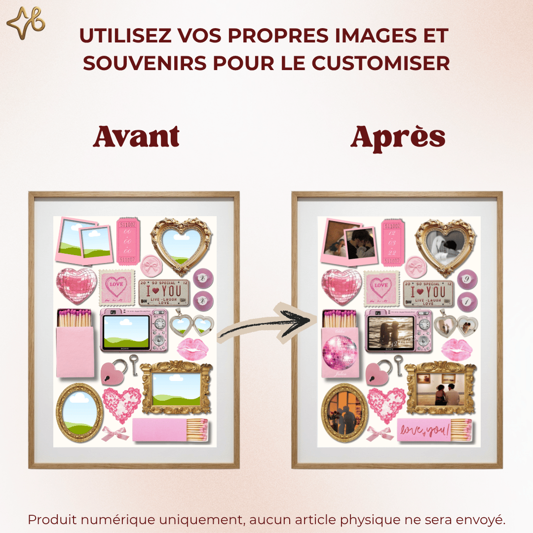 Comparaison avant/après montrant le modèle vierge avec cadres vides et le résultat final personnalisé avec les photos et souvenirs du couple, illustrant la facilité d'utilisation.