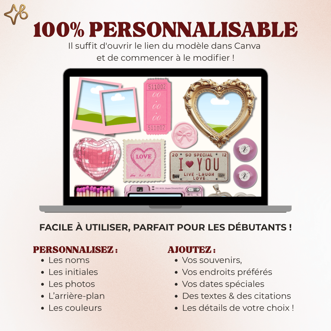 Ordinateur portable affichant le template Canva du poster couple rose Bylodie avec des instructions claires sur la personnalisation facile des photos, noms, dates et couleurs pour débutants.