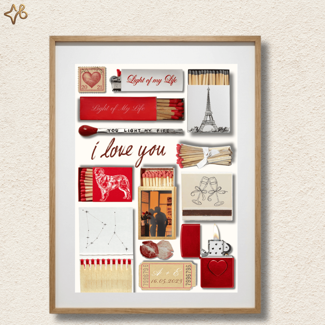 Design vintage "I love you" personnalisable avec motifs allumettes, constellations et billets de cinéma.
