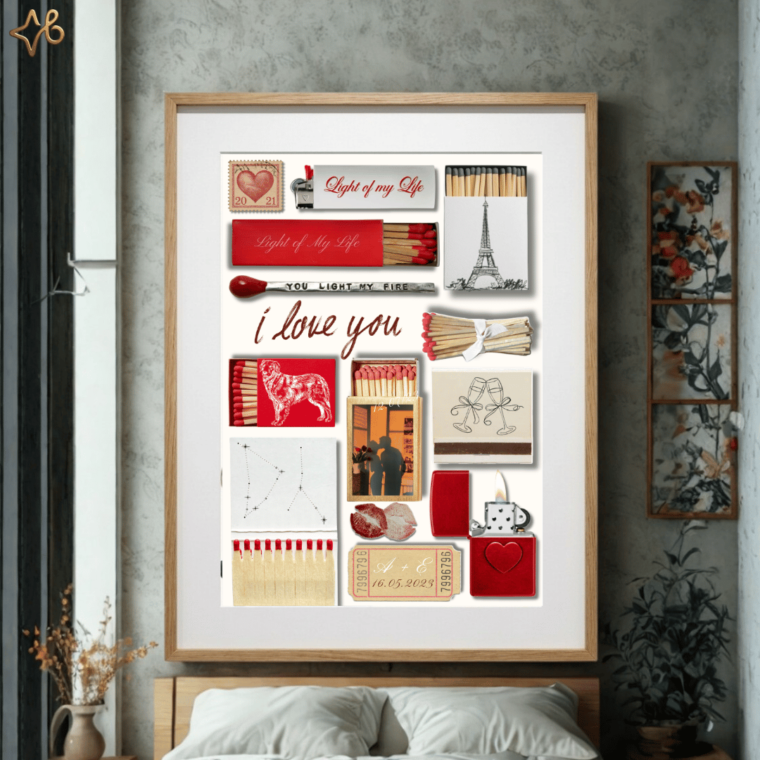 Idée cadeau Saint-Valentin : Affiche personnalisée avec photos et dates importantes placée au-dessus d'un lit.