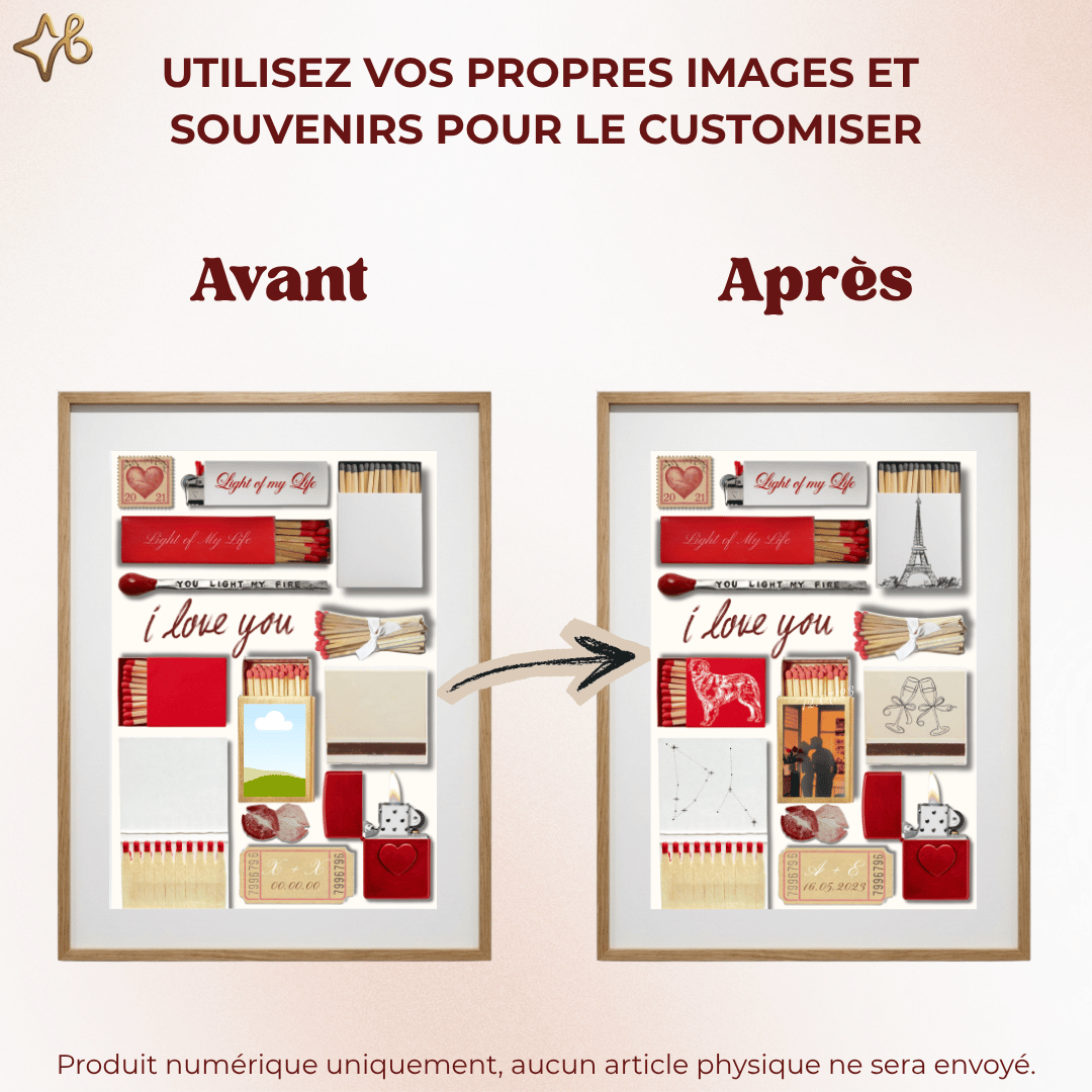 Comparaison avant/après d'une affiche personnalisable vide et remplie avec des photos et souvenirs de voyage.