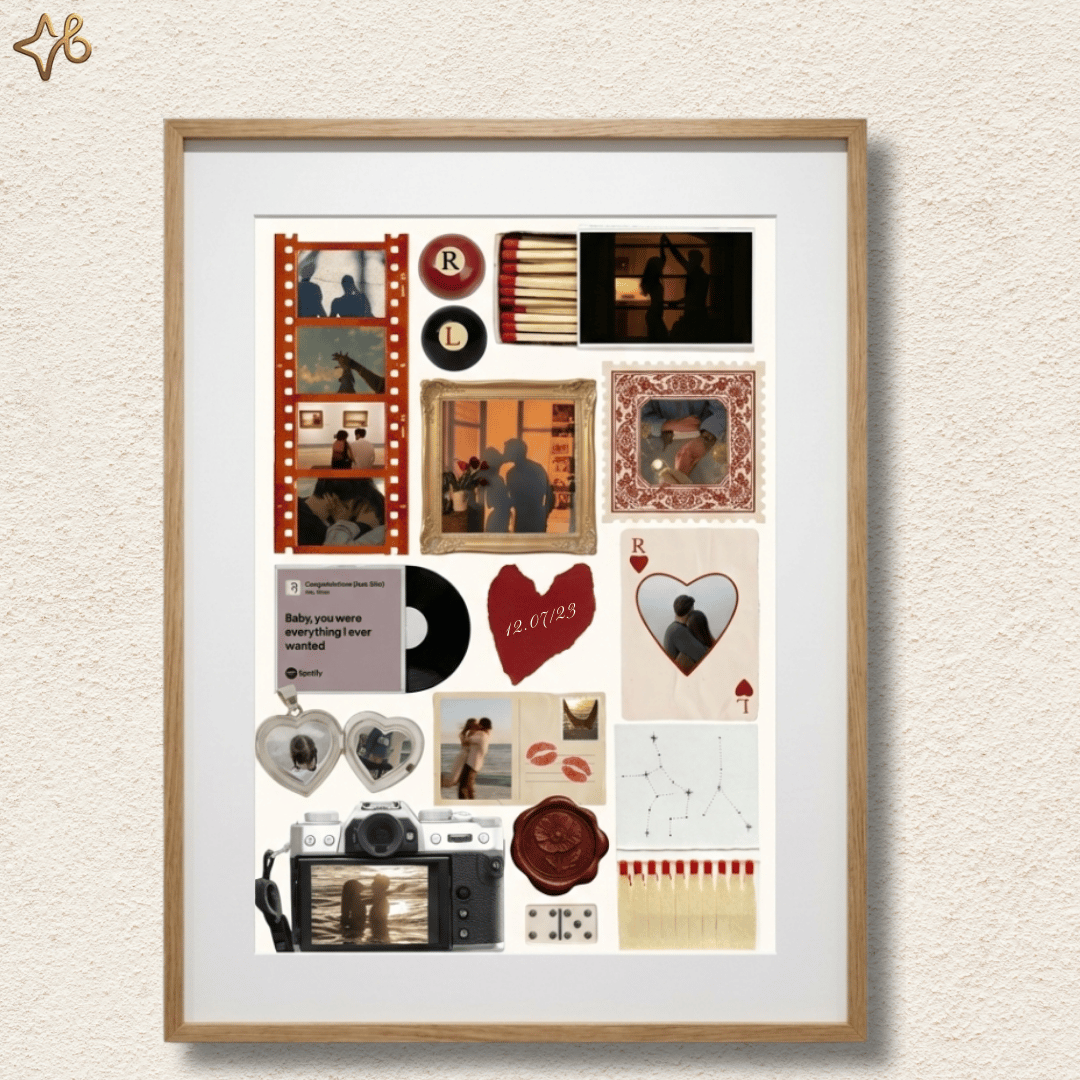 Affiche scrapbooking numérique éditables avec photos, constellations et dates importantes, encadrée sur un mur texturé.