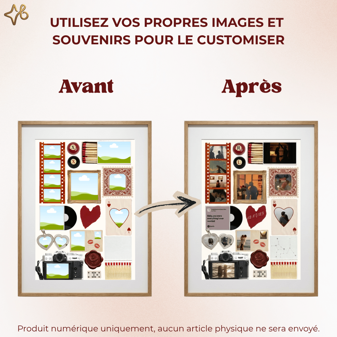 Comparaison avant/après : Modèle de scrapbooking numérique vide et affiche finale personnalisée avec souvenirs de couple.