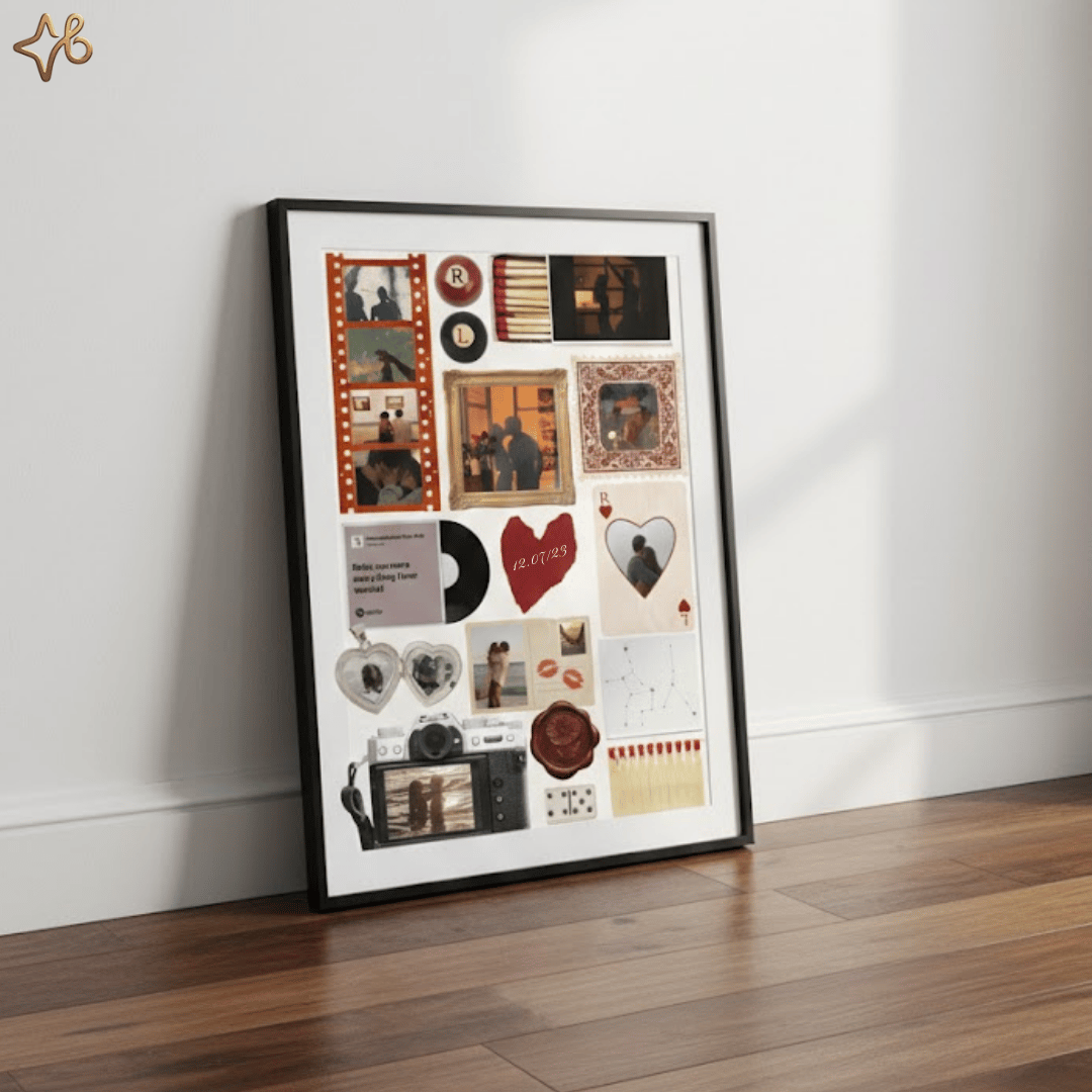 Cadre photo noir élégant contenant une affiche scrapbooking numérique personnalisée posé sur un parquet en bois.