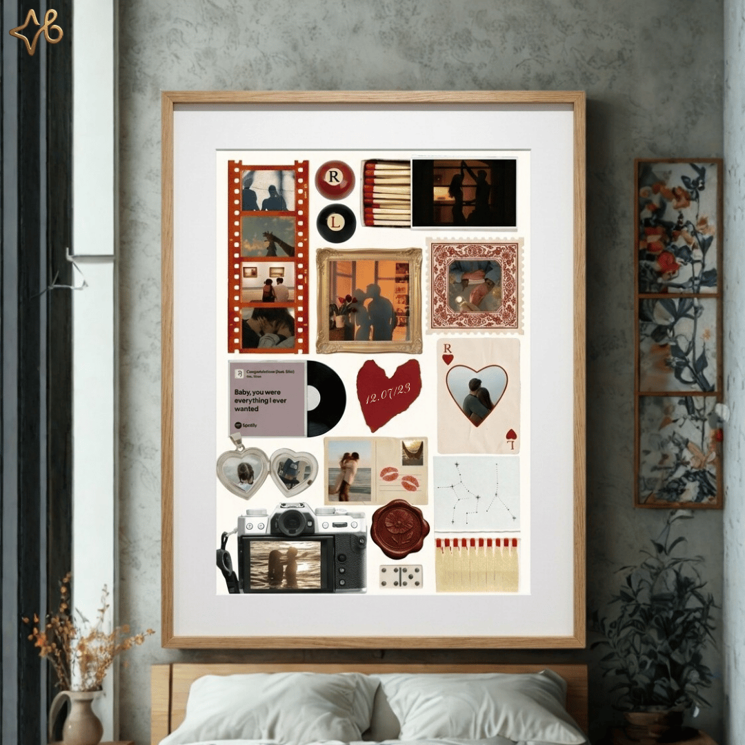 Décoration murale chambre : Affiche scrapbooking personnalisée avec souvenirs de couple placée au-dessus du lit.