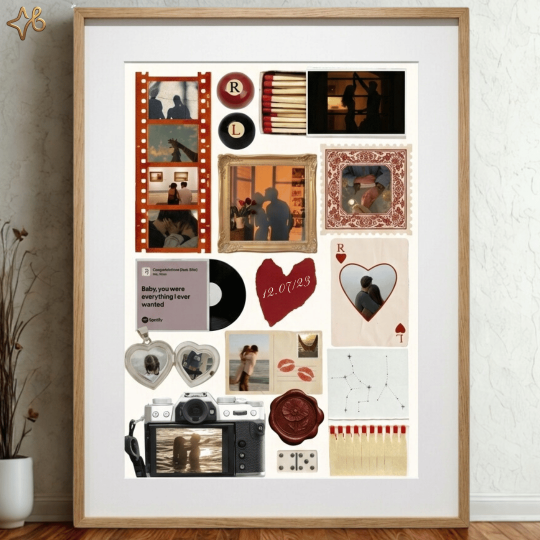 Affiche scrapbooking personnalisée pour couple avec photos, bande de film et appareil photo vintage dans un cadre en bois.