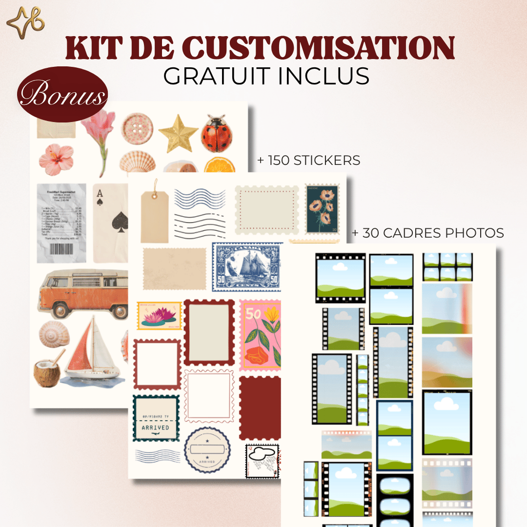 Kit de customisation gratuit : 150 stickers numériques et 30 cadres photos pour Canva inclus avec le modèle de scrapbooking.