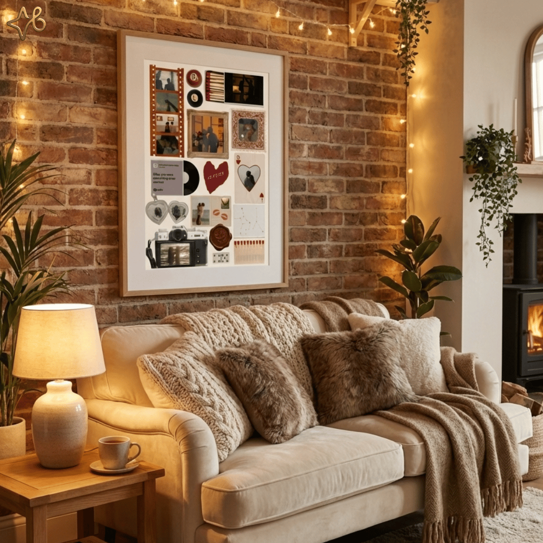 Tableau souvenir romantique personnalisé accroché sur un mur de briques dans un salon chaleureux avec guirlandes lumineuses.