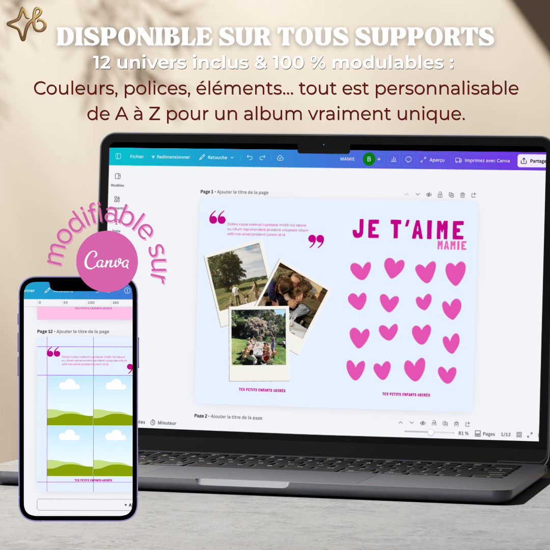 Infographie montrant la personnalisation facile dune carte Fête des Grands-Mères sur un ordinateur portable et un smartphone via lapplication Canva.