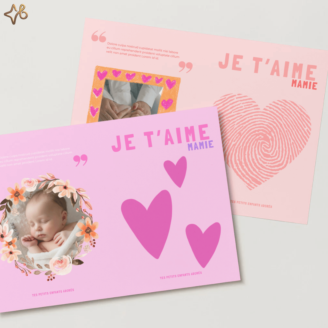 Vue rapprochée de deux modèles de cartes Fête des Grands-Mères avec photo de bébé et empreinte de cœur, montrant lintérieur personnalisable.