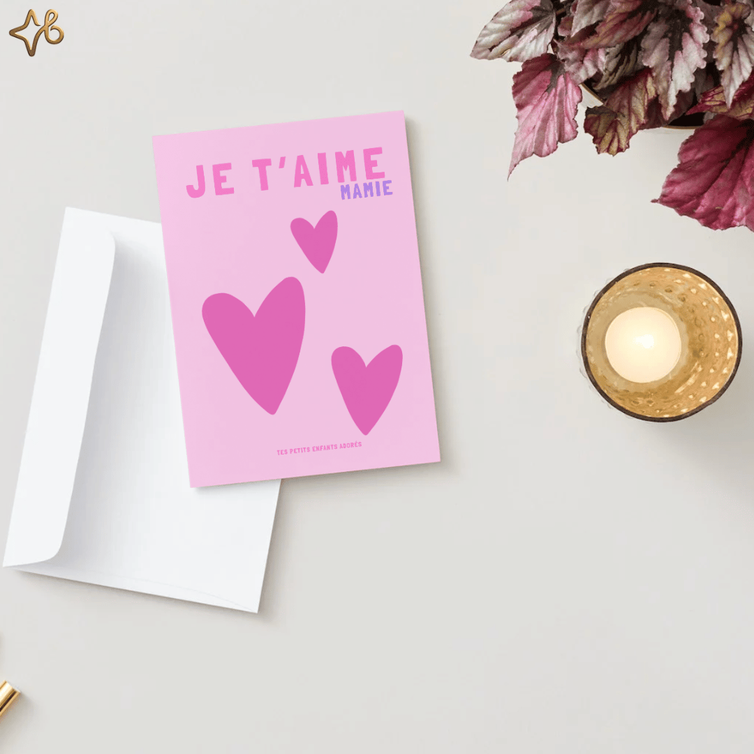 Vue de dessus dune carte "JE TAIME MAMIE" avec cœur, posée sur une table à côté dune enveloppe blanche et dune bougie.