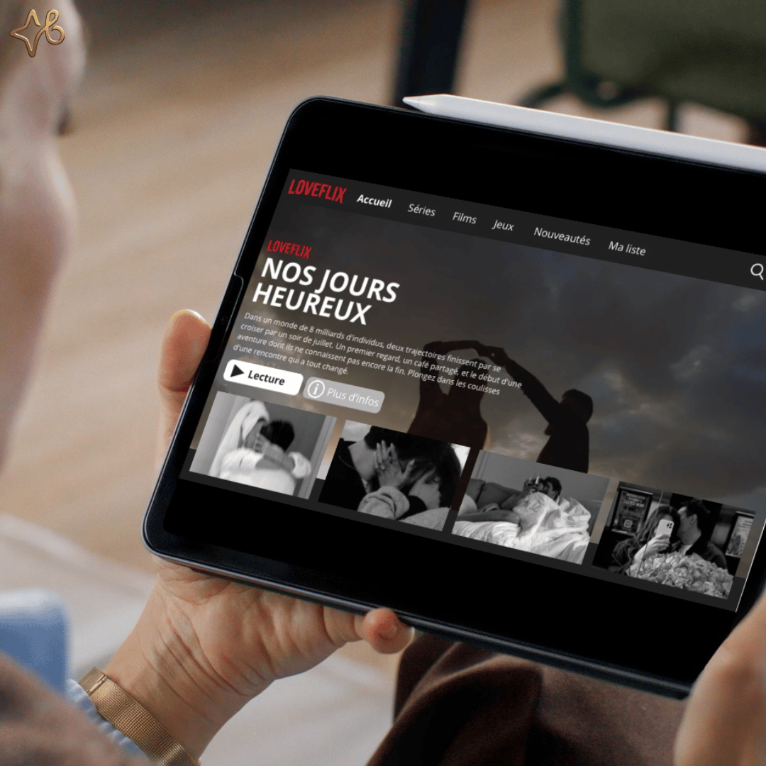 Mains tenant une tablette affichant linterface principale "Loveflix" dune vidéo cadeau personnalisée avec le titre "NOS JOURS HEUREUX" et des miniatures photos.