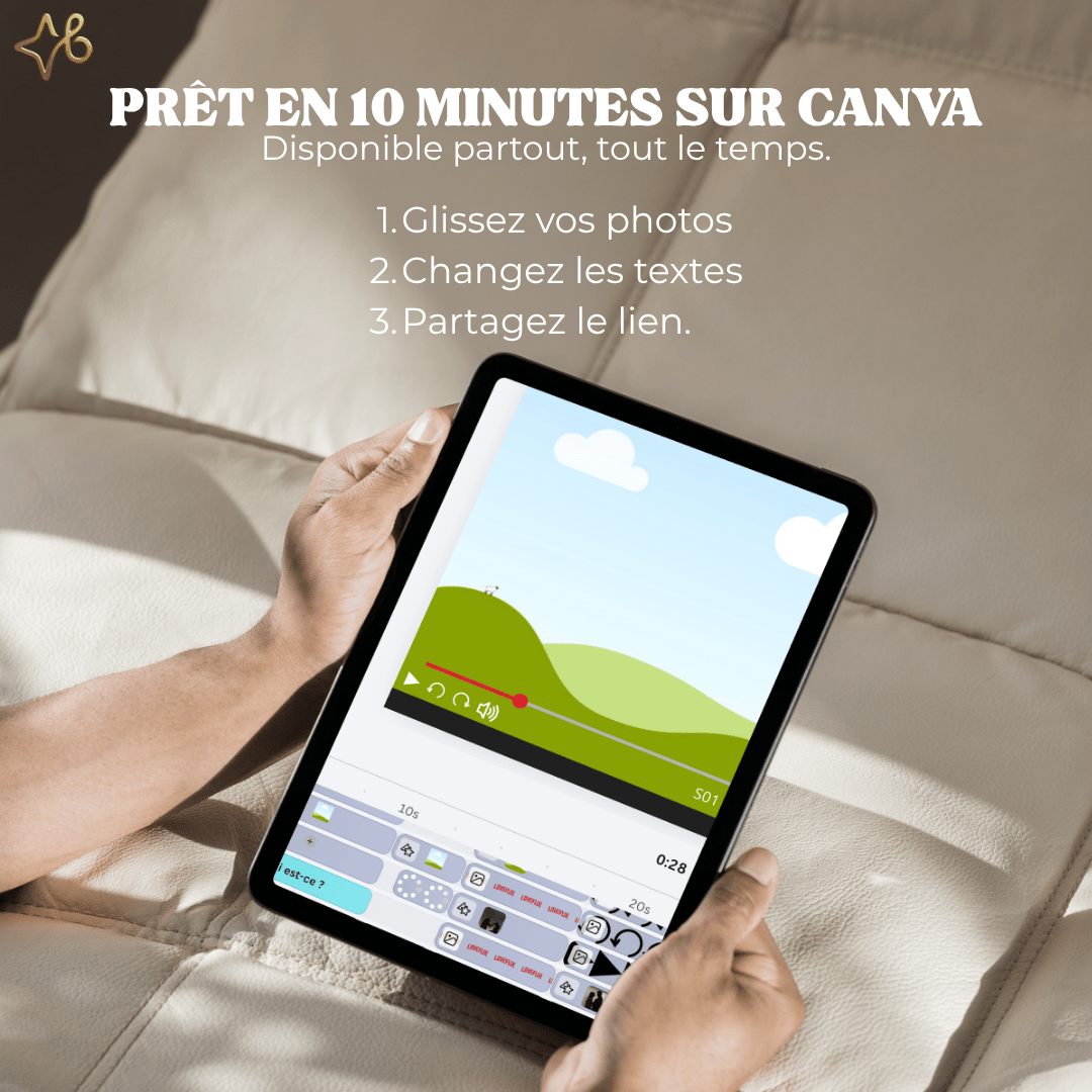 Infographie sur une tablette expliquant les 3 étapes faciles pour créer la vidéo cadeau sur Canva en 10 minutes : Glissez vos photos, Changez les textes, Partagez le lien.