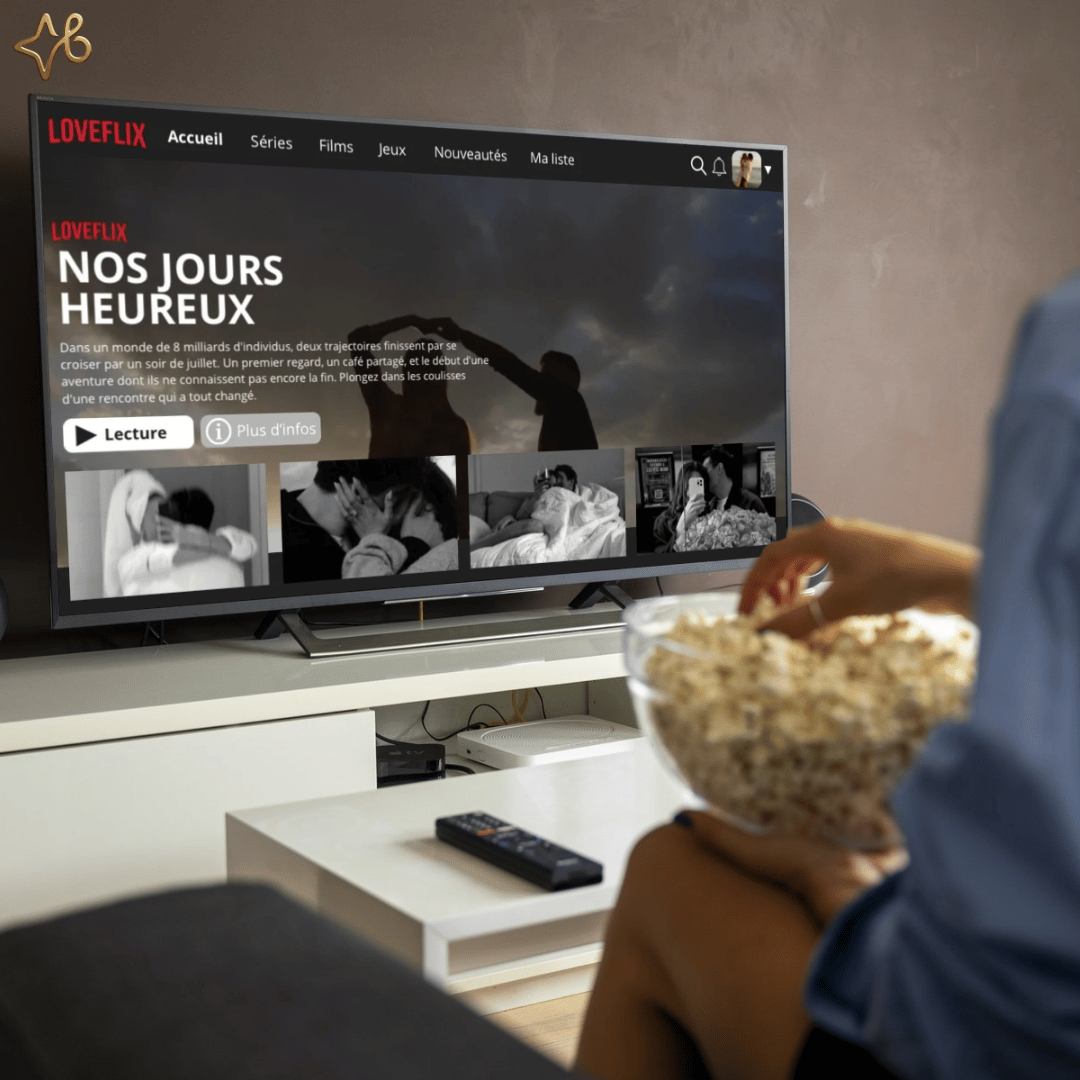 Vue dune personne mangeant du pop-corn devant une télévision affichant une vidéo cadeau personnalisée "Loveflix" avec le titre "NOS JOURS HEUREUX".