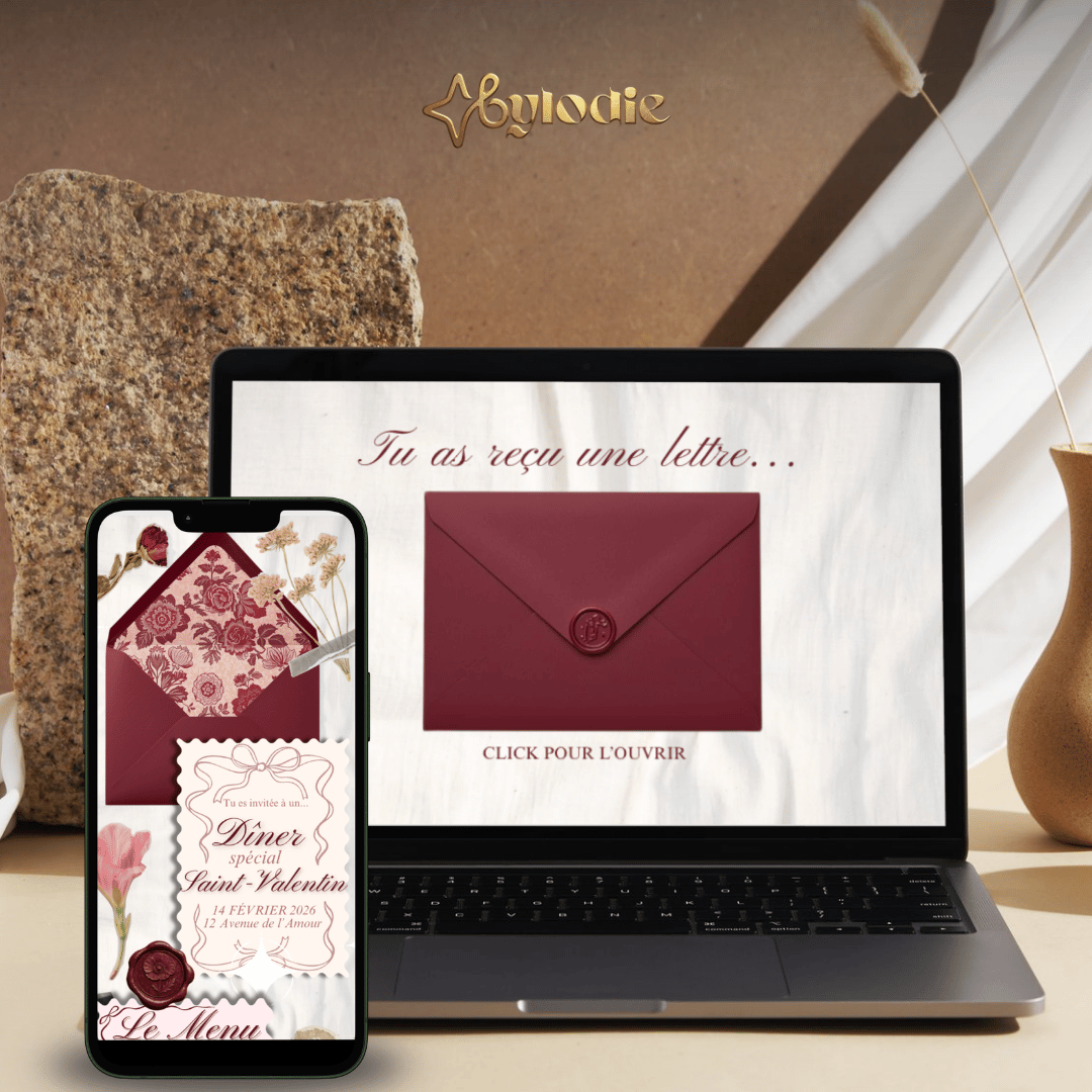 Template Canva site web invitation Saint-Valentin sur ordinateur et smartphone avec enveloppe bordeaux interactive.