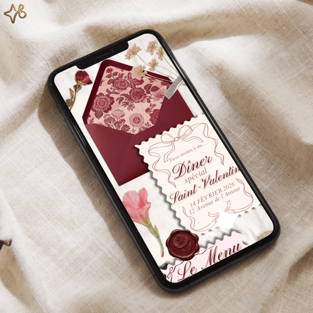 Gros plan sur smartphone dune invitation numérique "Dîner spécial Saint-Valentin" avec sceau de cire et fleurs séchées.