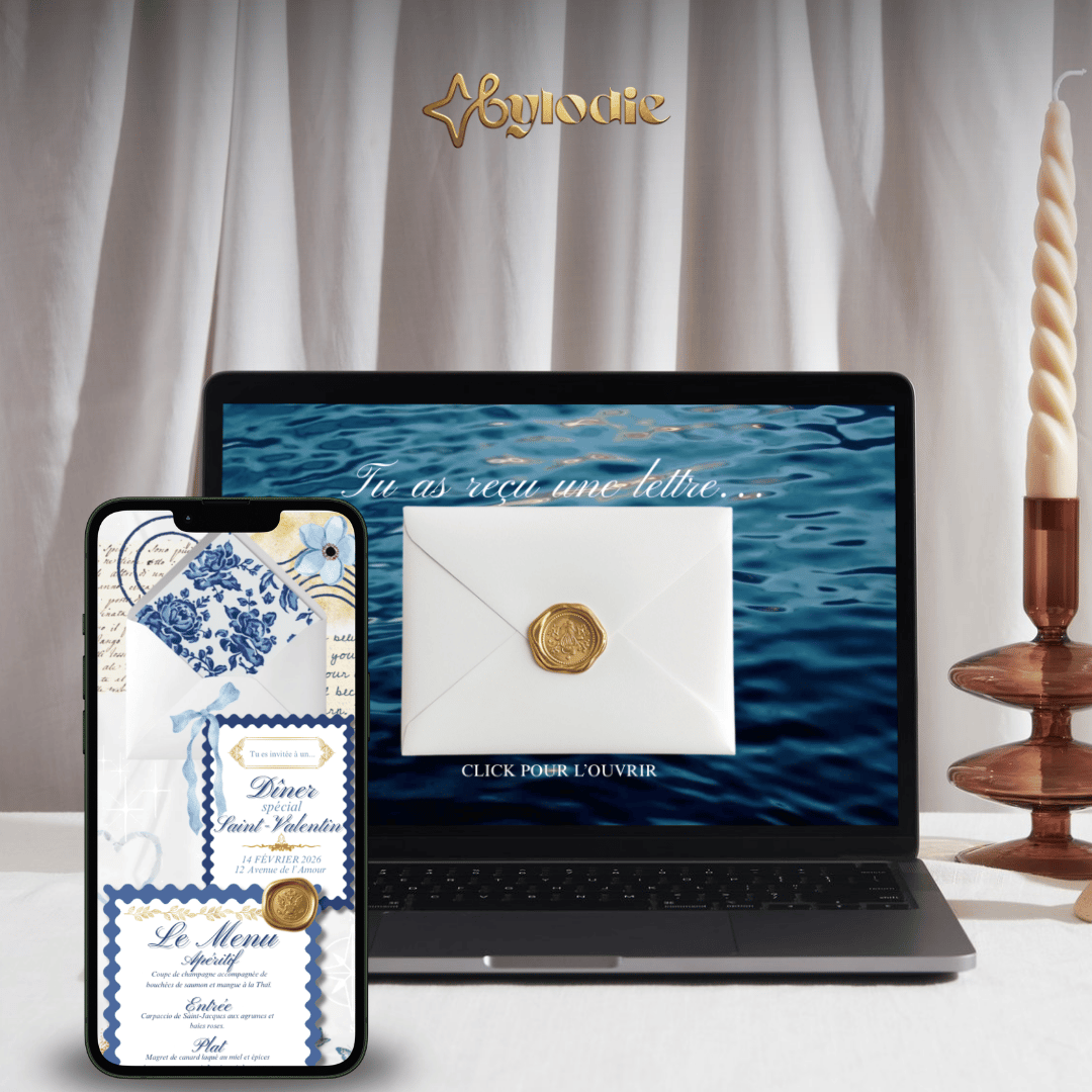 Maquette ordinateur et smartphone d'un mini-site cadeau avec enveloppe bordeaux, pour surprise romantique ou anniversaire.