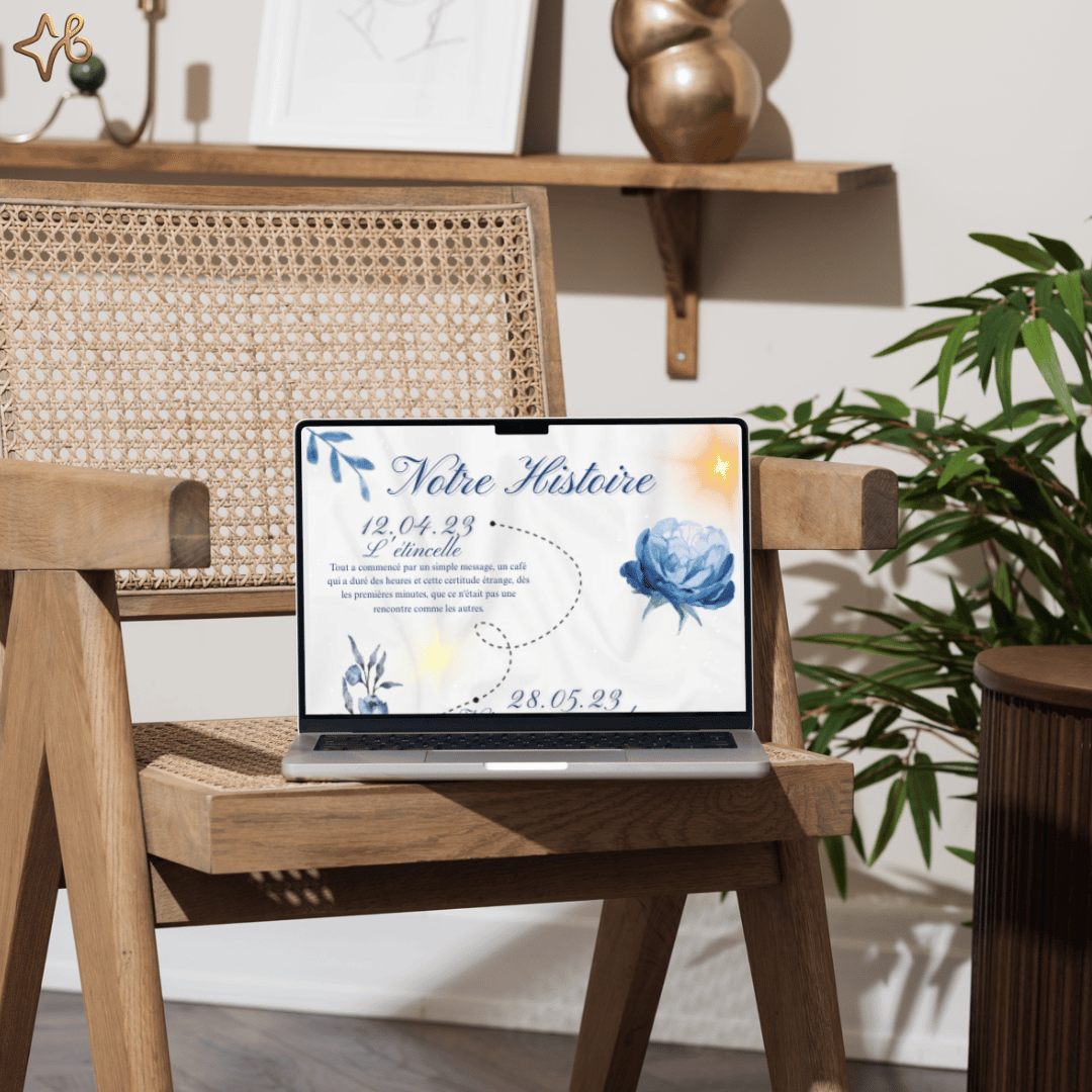 Maquette ordinateur portable affichant la timeline interactive "Notre Histoire" du mini-site cadeau, avec pivoine bleue.
