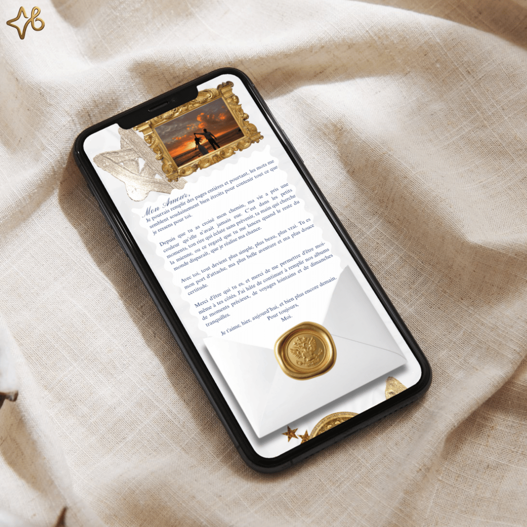 Maquette smartphone affichant la lettre d'amour final dans un cadre doré avec sceau de cire, partie du mini-site cadeau.