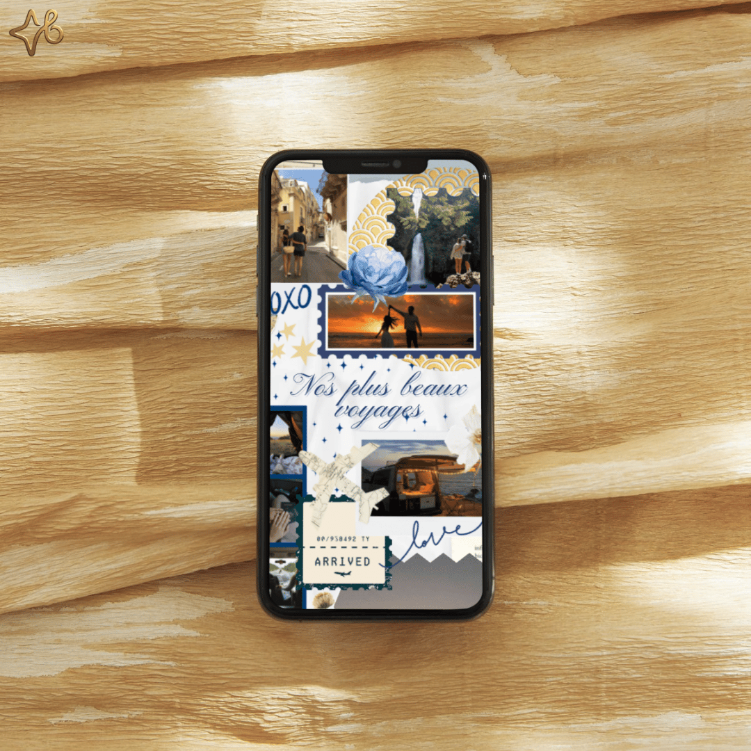 Maquette smartphone avec mise en page scrapbook "Nos plus beaux voyages" du mini-site cadeau, thème bleu et or.