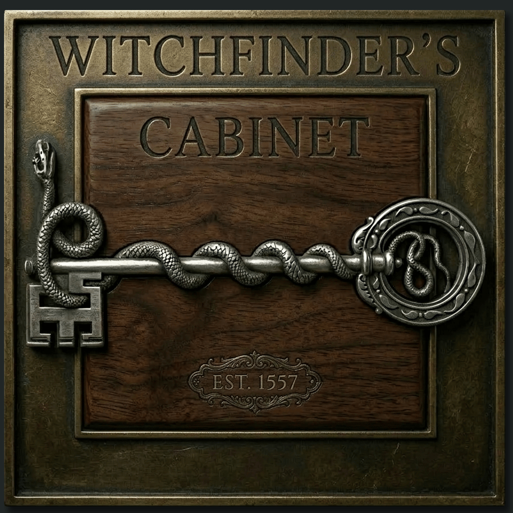 Witchfinders cabinet shop logo key brass wood background